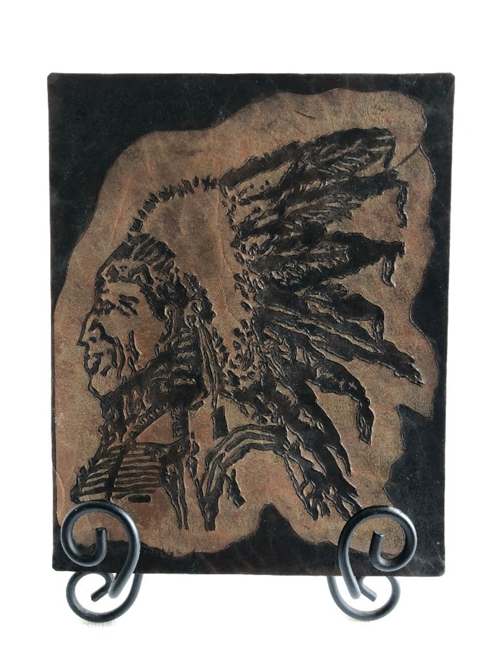 Exquisite Handmade Leather Portrait of Native American Chief 9.5x7.5 inches